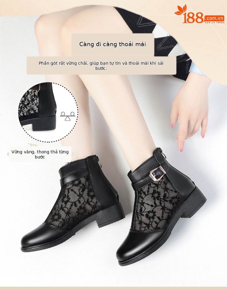 Boot lưới nữ đế thấp da thật mũi hở gót thấp kiểu dáng thoáng mát — màu đen chi tiết 3