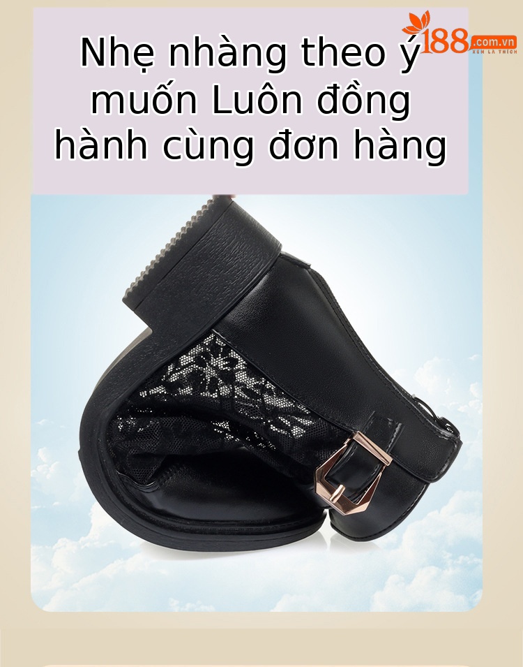 Boot lưới nữ đế thấp da thật mũi hở gót thấp kiểu dáng thoáng mát — màu đen chi tiết 4