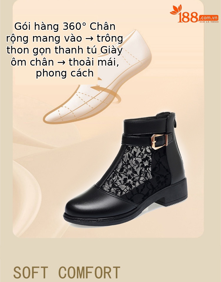 Boot lưới nữ đế thấp da thật mũi hở gót thấp kiểu dáng thoáng mát — màu đen chi tiết 5