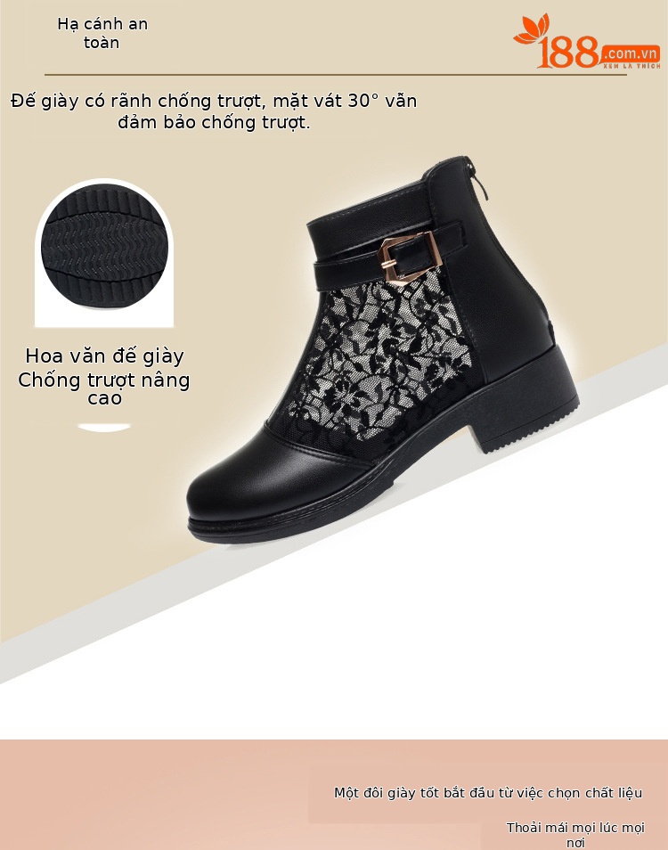 Boot lưới nữ đế thấp da thật mũi hở gót thấp kiểu dáng thoáng mát — màu đen chi tiết 6