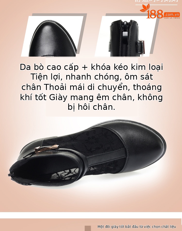 Boot lưới nữ đế thấp da thật mũi hở gót thấp kiểu dáng thoáng mát — màu đen chi tiết 7