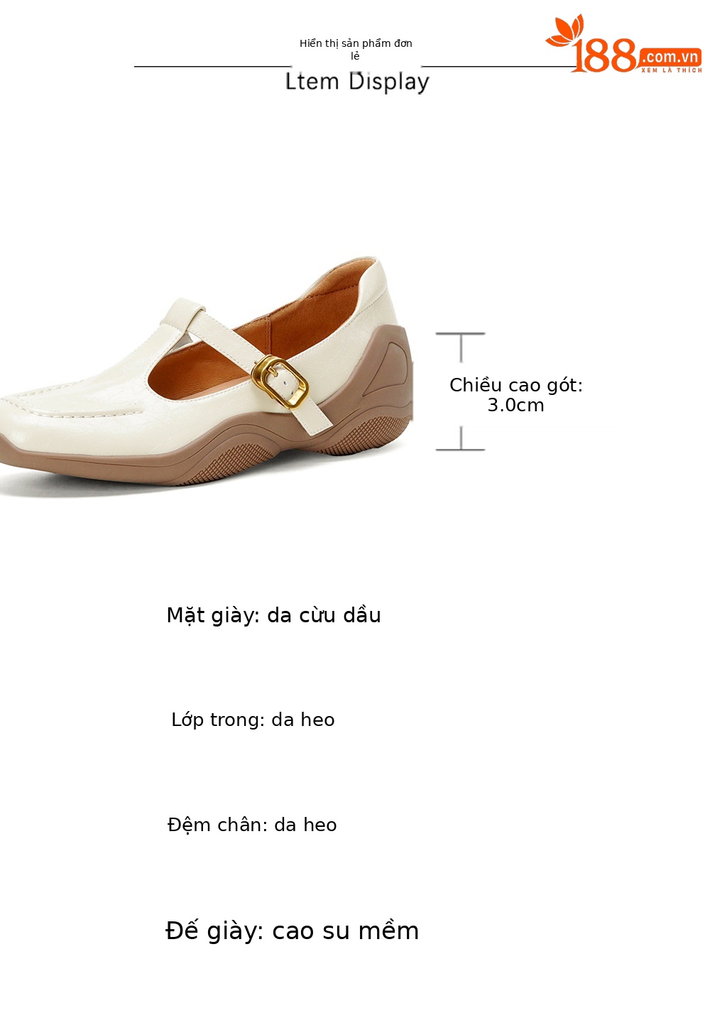 Giày lười nữ mũi vuông da cừu đế dày quai chữ T buộc dây — màu trắng ngà chi tiết 4