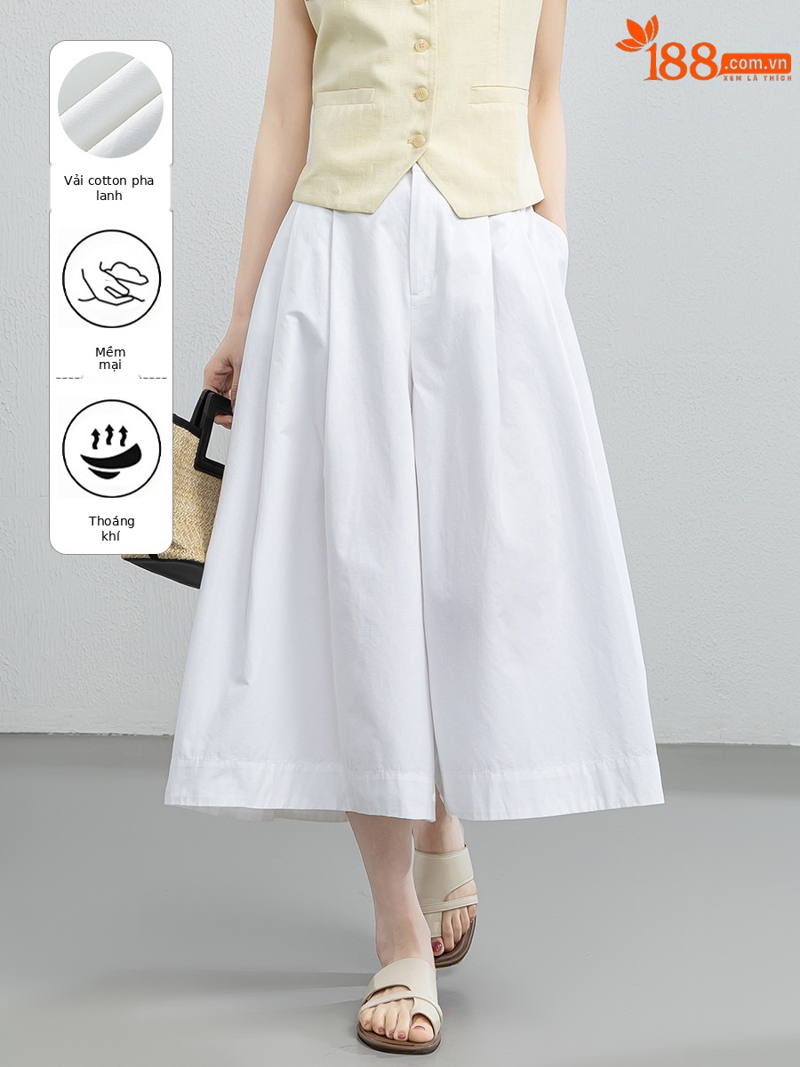 Quần culottes nữ ống rộng cạp cao vải linen cotton mỏng nhẹ mùa hè — màu trắng