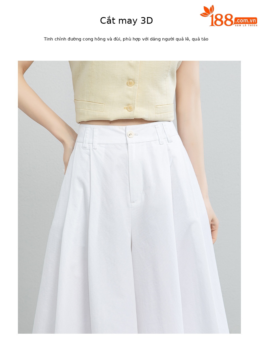 Quần culottes nữ ống rộng cạp cao vải linen cotton mỏng nhẹ mùa hè — màu trắng