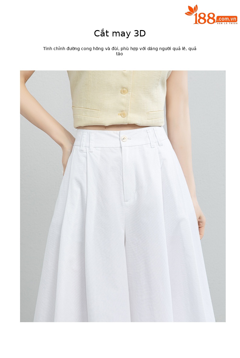 Quần culottes nữ ống rộng cạp cao vải linen cotton mỏng nhẹ mùa hè — màu trắng chi tiết 5
