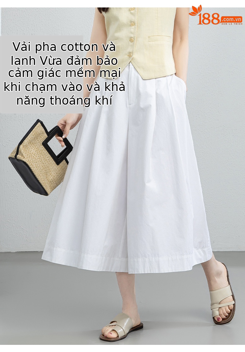 Quần culottes nữ ống rộng cạp cao vải linen cotton mỏng nhẹ mùa hè — màu trắng chi tiết 8