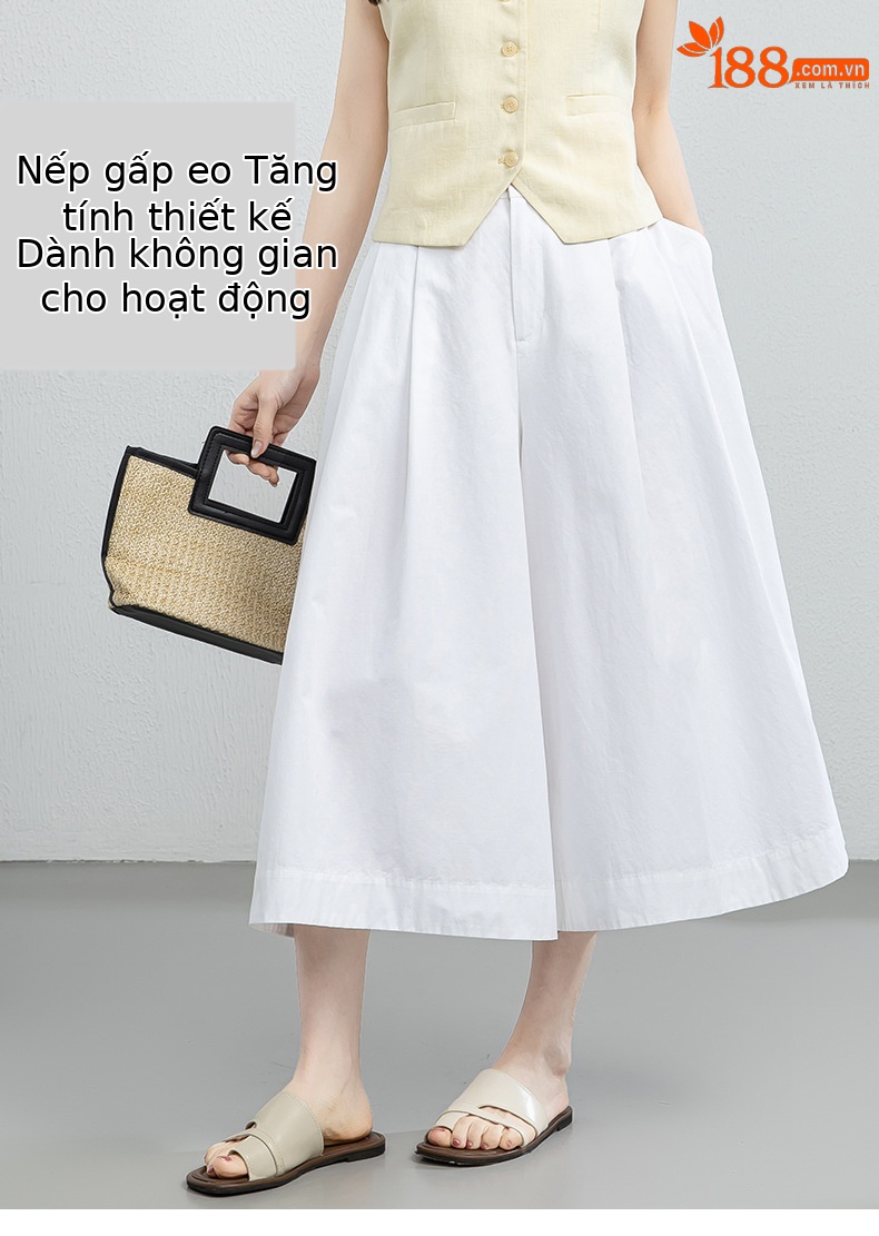 Quần culottes nữ ống rộng cạp cao vải linen cotton mỏng nhẹ mùa hè — màu trắng chi tiết 9