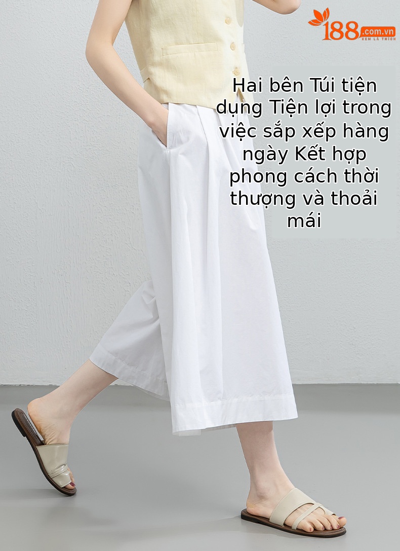 Quần culottes nữ ống rộng cạp cao vải linen cotton mỏng nhẹ mùa hè — màu trắng chi tiết 10