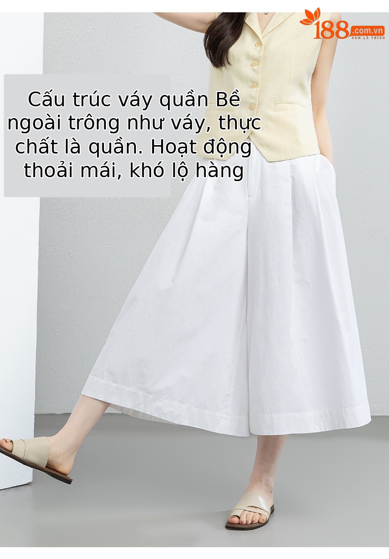 Quần culottes nữ ống rộng cạp cao vải linen cotton mỏng nhẹ mùa hè — màu trắng chi tiết 11