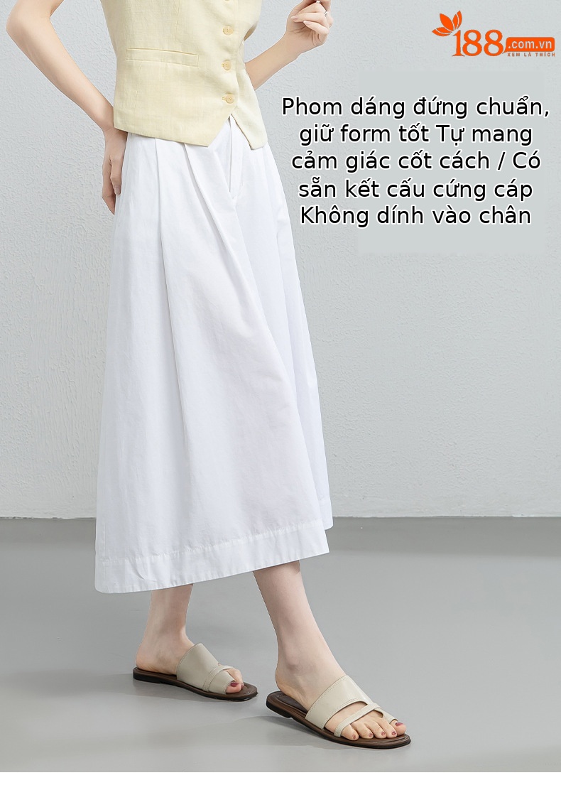 Quần culottes nữ ống rộng cạp cao vải linen cotton mỏng nhẹ mùa hè — màu trắng chi tiết 12