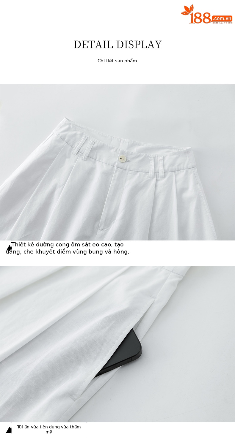 Quần culottes nữ ống rộng cạp cao vải linen cotton mỏng nhẹ mùa hè — màu trắng chi tiết 13