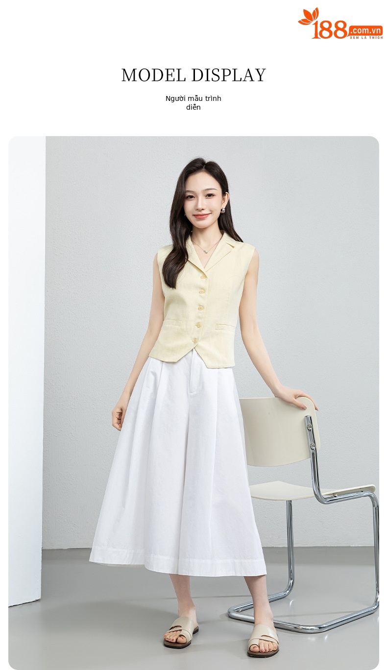 Quần culottes nữ ống rộng cạp cao vải linen cotton mỏng nhẹ mùa hè — màu trắng chi tiết 17