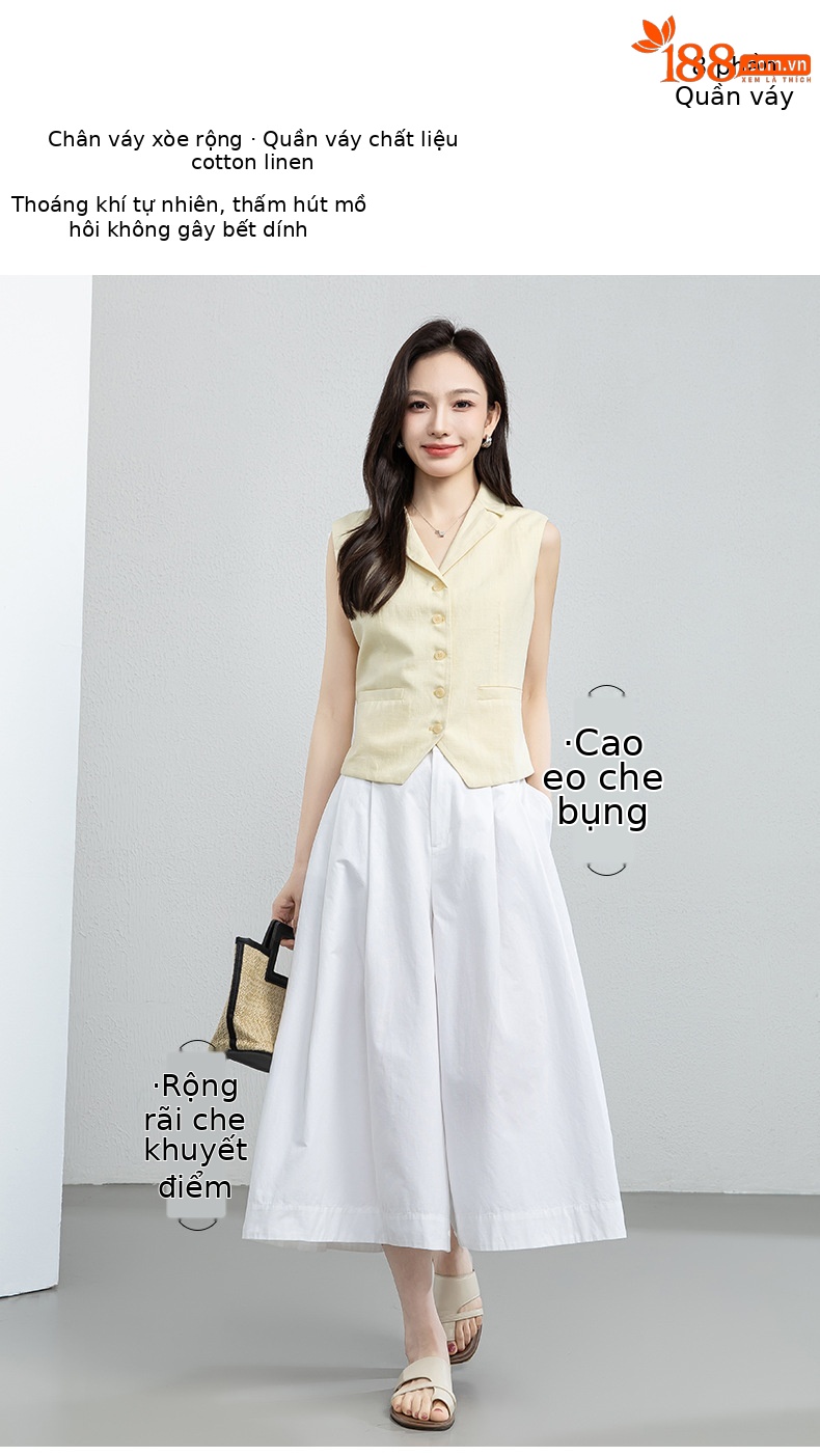 Quần culottes nữ ống rộng cạp cao vải linen cotton mỏng nhẹ mùa hè — màu trắng chi tiết 1