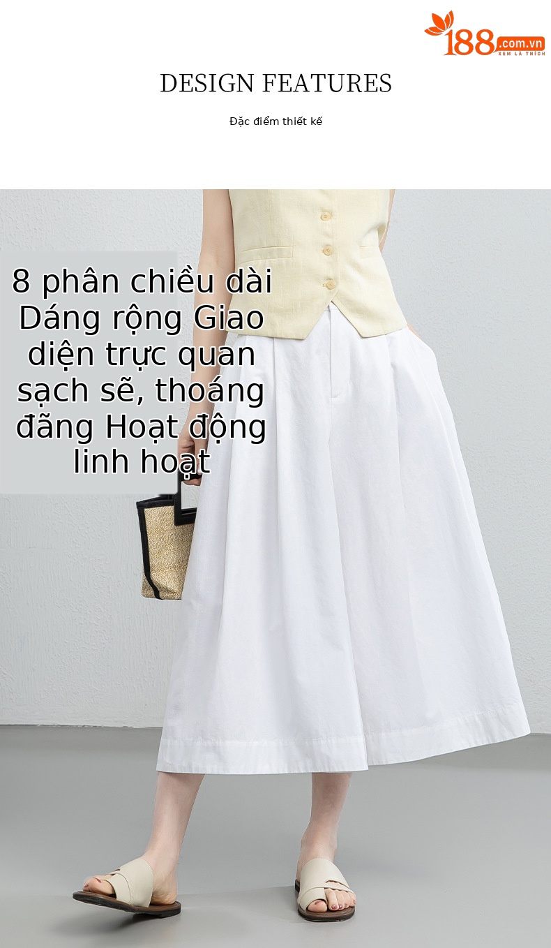 Quần culottes nữ ống rộng cạp cao vải linen cotton mỏng nhẹ mùa hè — màu trắng chi tiết 7