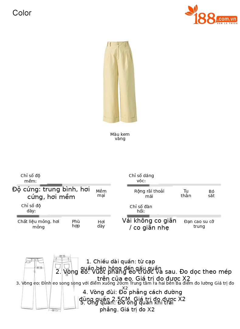 Quần culottes nữ ống rộng cạp cao chất liệu cotton wash — màu vàng chi tiết 8