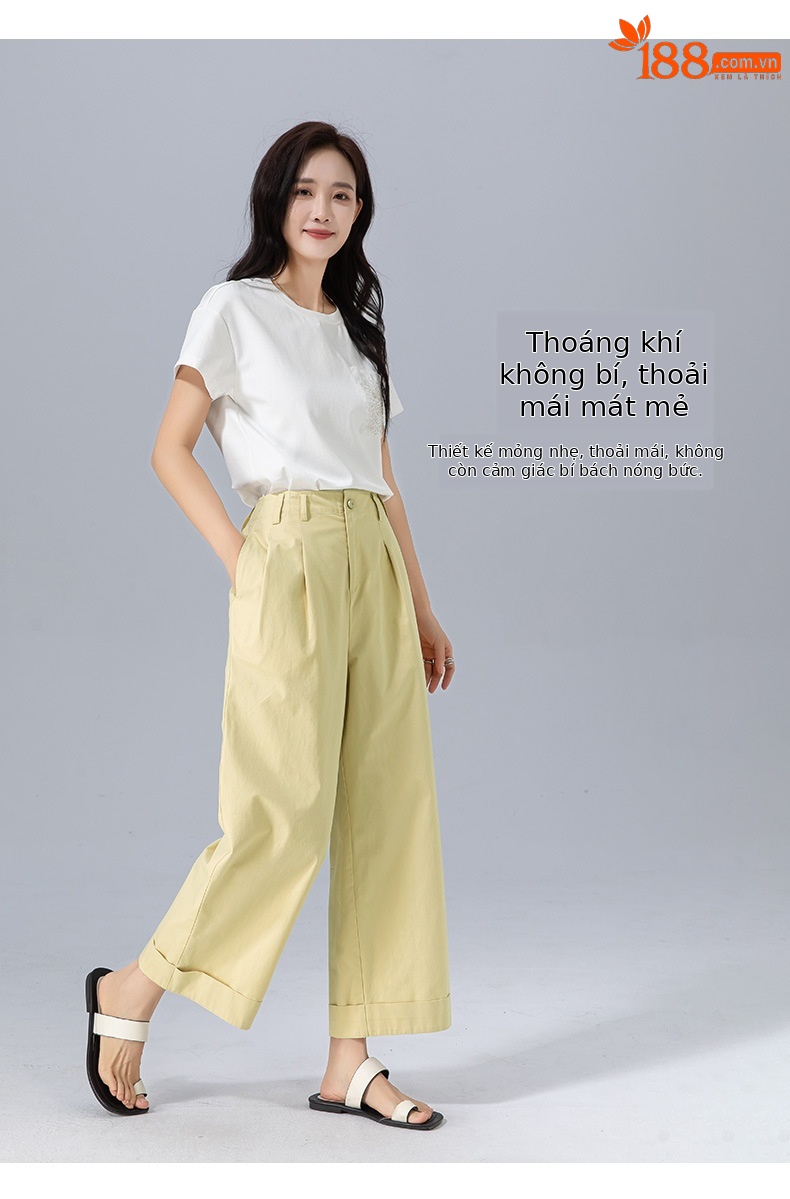 Quần culottes nữ ống rộng cạp cao chất liệu cotton wash — màu vàng chi tiết 13