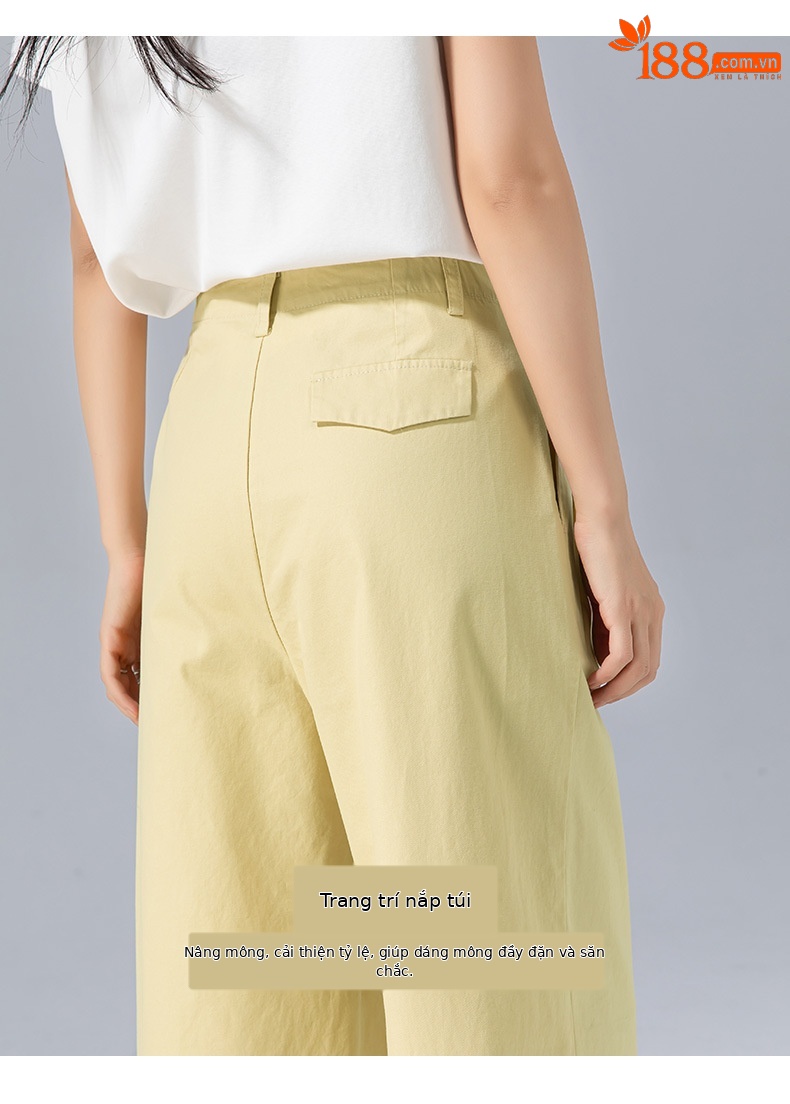 Quần culottes nữ ống rộng cạp cao chất liệu cotton wash — màu vàng chi tiết 17