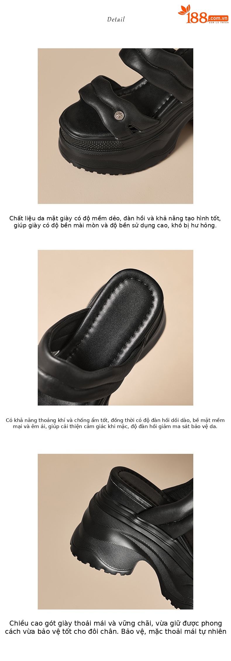 Sandal cao gót nữ đế dày 12cm quai ngang da thật phong cách thể thao — Trắng kem-Da bò, Đen-Da cừu chi tiết 4
