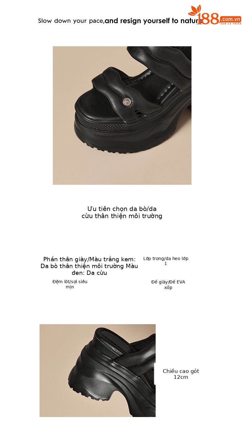 Sandal cao gót nữ đế dày 12cm quai ngang da thật phong cách thể thao — Trắng kem-Da bò, Đen-Da cừu chi tiết 3