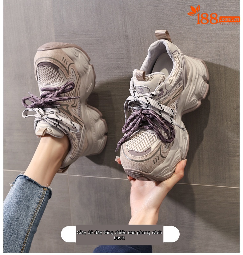 Giày sneaker nữ đế dày tăng chiều cao 9,5 cm lưới thoáng khí phong cách daddy — màu tím chi tiết 1