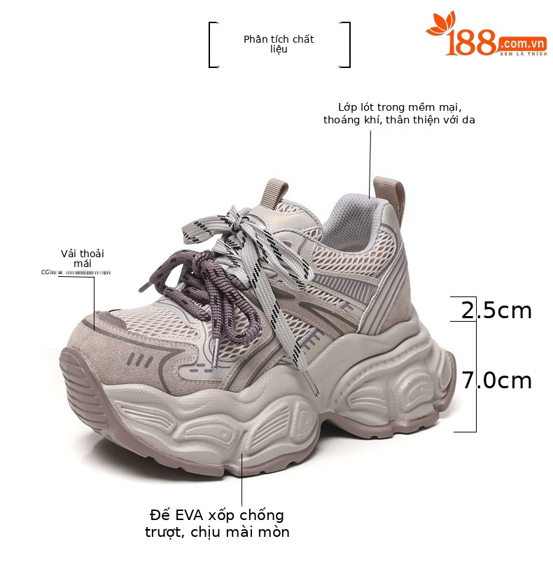 Giày sneaker nữ đế dày tăng chiều cao 9,5 cm lưới thoáng khí phong cách daddy — màu tím chi tiết 3