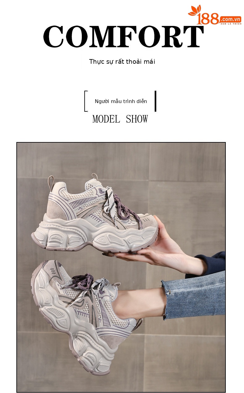Giày sneaker nữ đế dày tăng chiều cao 9,5 cm lưới thoáng khí phong cách daddy — màu tím chi tiết 11