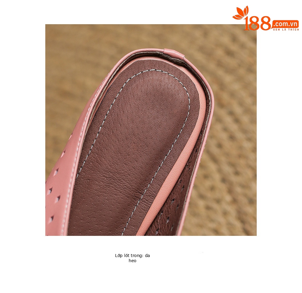 Dép sandal nữ da bò đục lỗ mũi kín quai hậu gót thấp — Màu hồng chi tiết 22