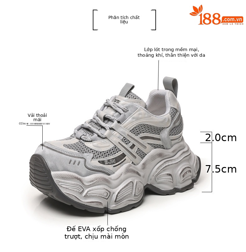 Giày sneaker nữ chunky đế dày tăng chiều cao phong cách thể thao — màu trắng chi tiết 3
