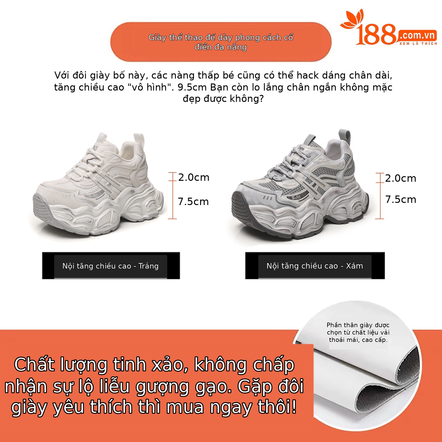 Giày sneaker nữ chunky đế dày tăng chiều cao phong cách thể thao — màu trắng