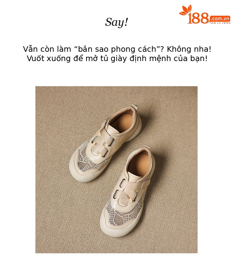 Giày sneaker nữ phối màu da thật lỗ thoáng khí đế bệt buộc dây kết hợp miếng dán — màu trắng ngà chi tiết 2