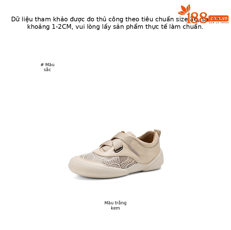 Giày sneaker nữ phối màu da thật lỗ thoáng khí đế bệt buộc dây kết hợp miếng dán — màu trắng ngà chi tiết 5