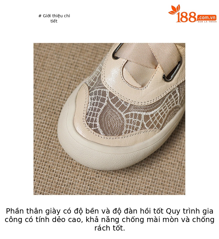 Giày sneaker nữ phối màu da thật lỗ thoáng khí đế bệt buộc dây kết hợp miếng dán — màu trắng ngà chi tiết 6