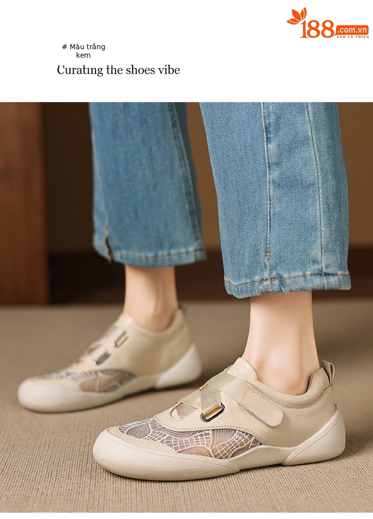 Giày sneaker nữ phối màu da thật lỗ thoáng khí đế bệt buộc dây kết hợp miếng dán — màu trắng ngà chi tiết 10