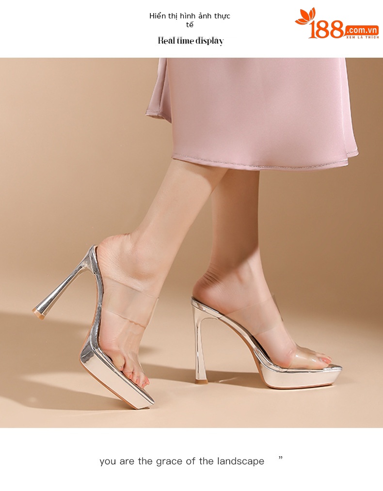 Sandal cao gót nữ hở mũi quai ngang đế platform gót 12 cm — Bạc-12cm chi tiết 5
