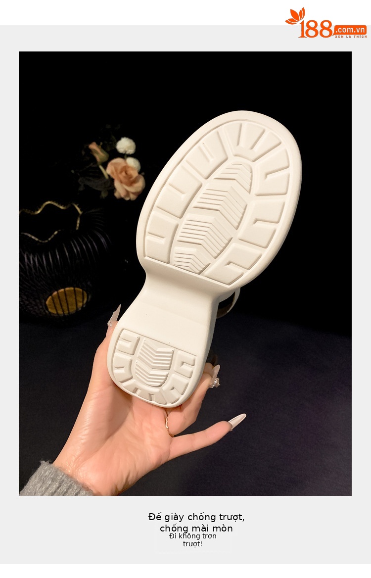 Sandal cao gót nữ hở mũi đế xuồng phong cách La Mã — màu đen, màu trắng ngà chi tiết 6
