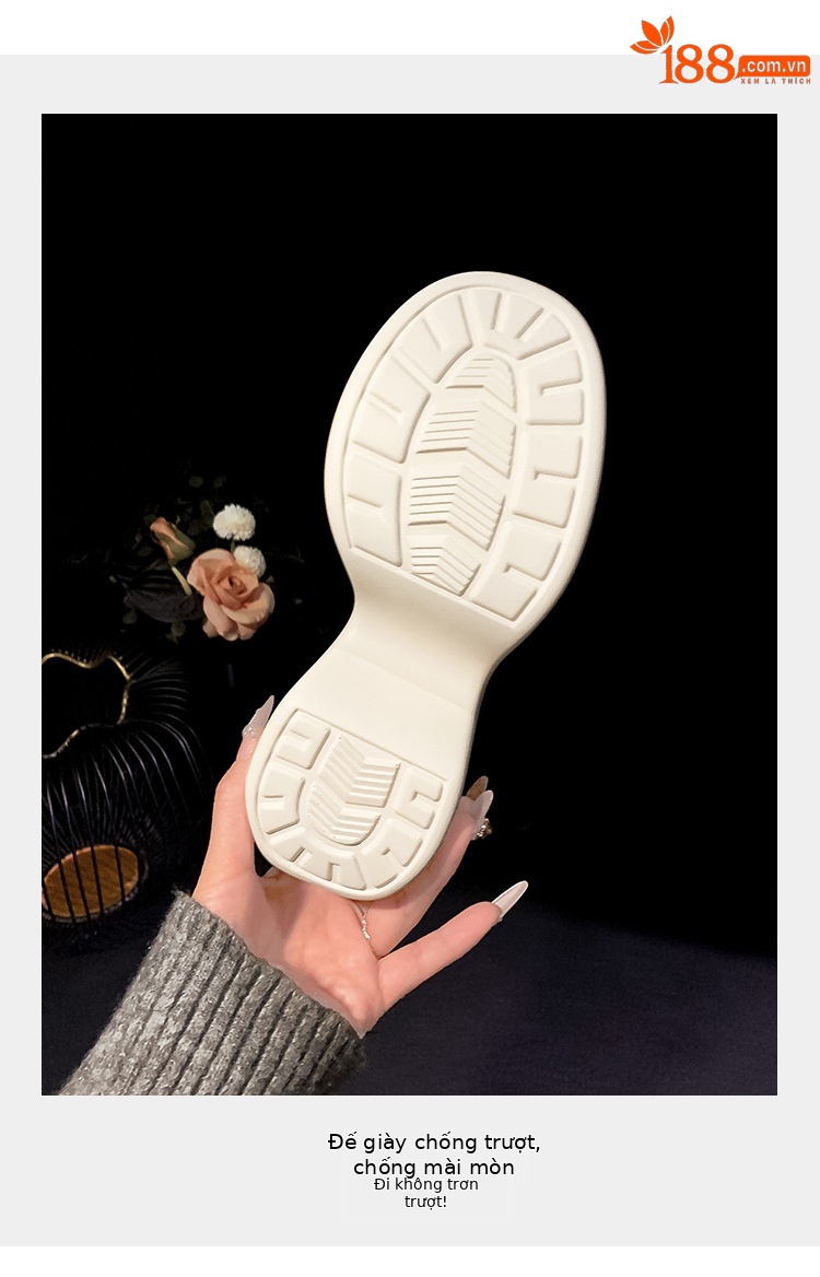 Sandal nữ đế dày da thật hở mũi gót xuồng 5 cm đi biển nhẹ êm — màu đen, màu trắng ngà chi tiết 6