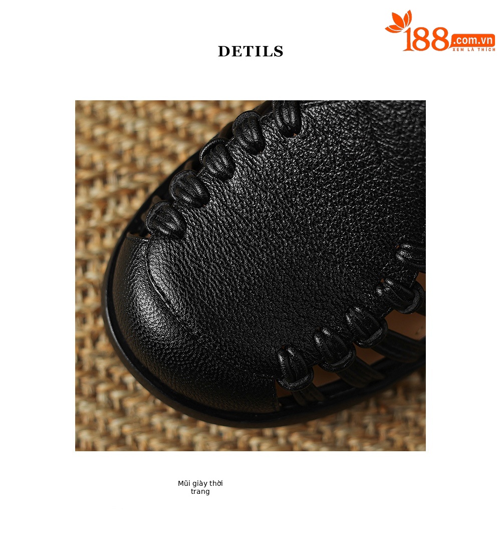 Sandal nữ da cừu mũi bao đế dày quai ngang một chữ kiểu La Mã — đen chi tiết 22