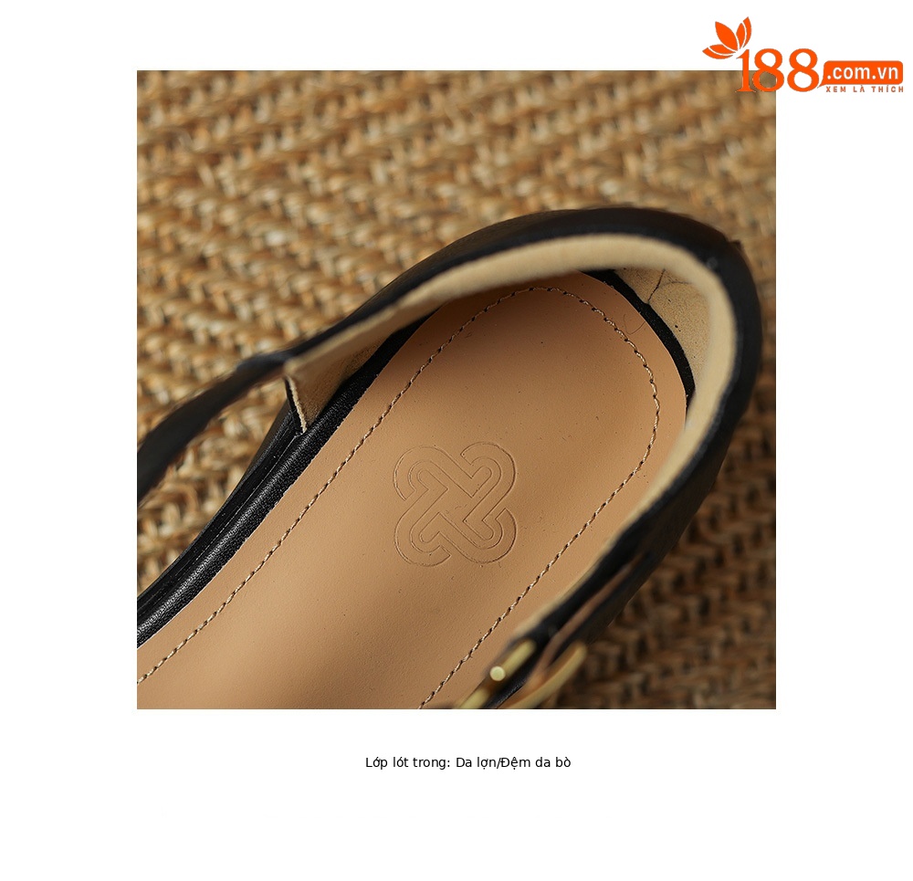 Sandal nữ da cừu mũi bao đế dày quai ngang một chữ kiểu La Mã — đen chi tiết 23