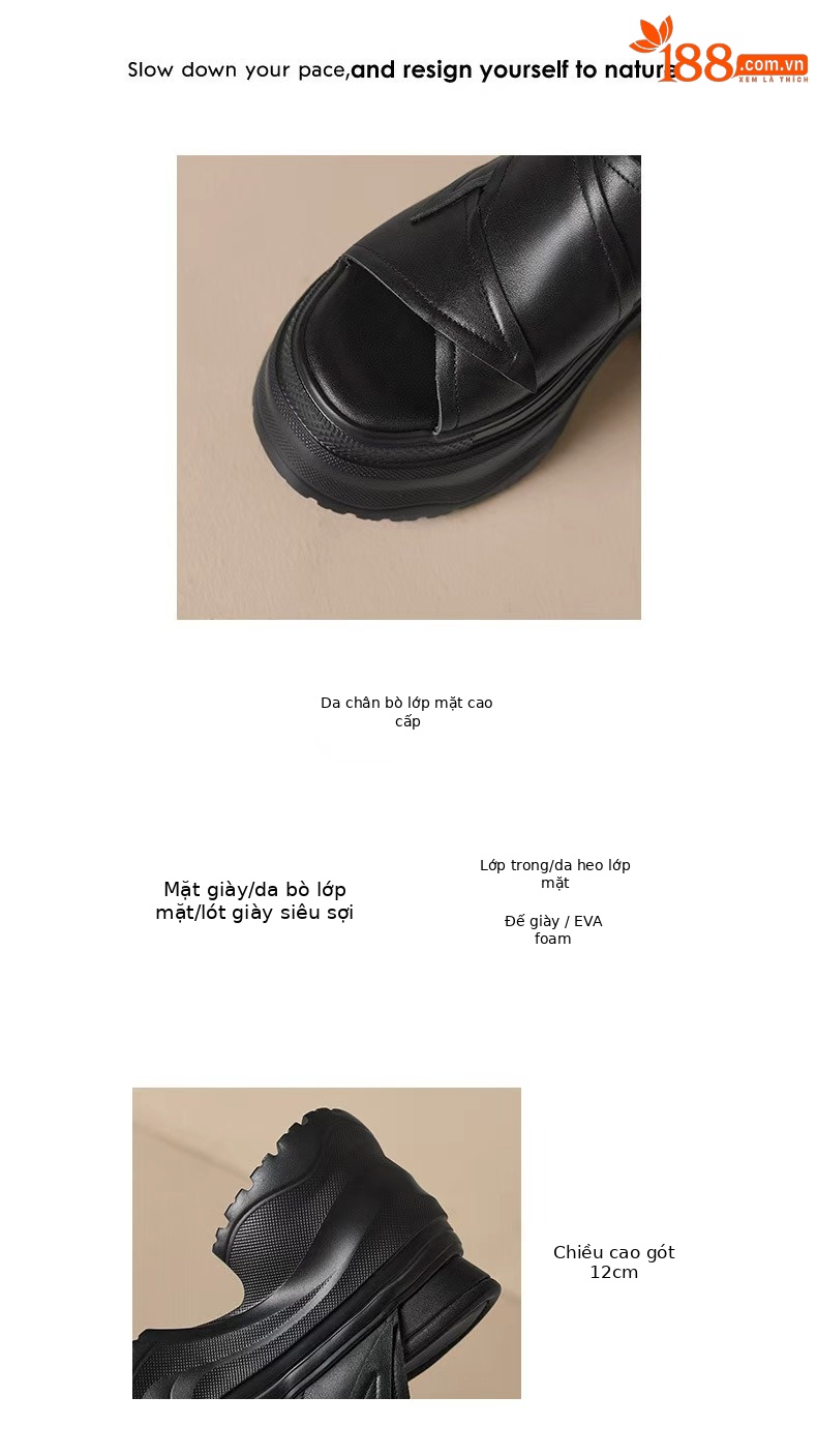 Dép sandal nữ quai ngang đế tăng 12 cm da bò mặt — màu đen, Trắng kem- chi tiết 3