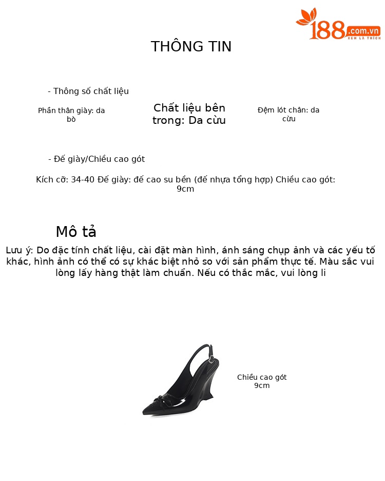 Sandal cao gót nữ mũi nhọn hở gót, gót xuồng 9 cm, nơ bướm — màu đen, màu trắng ngà chi tiết 4