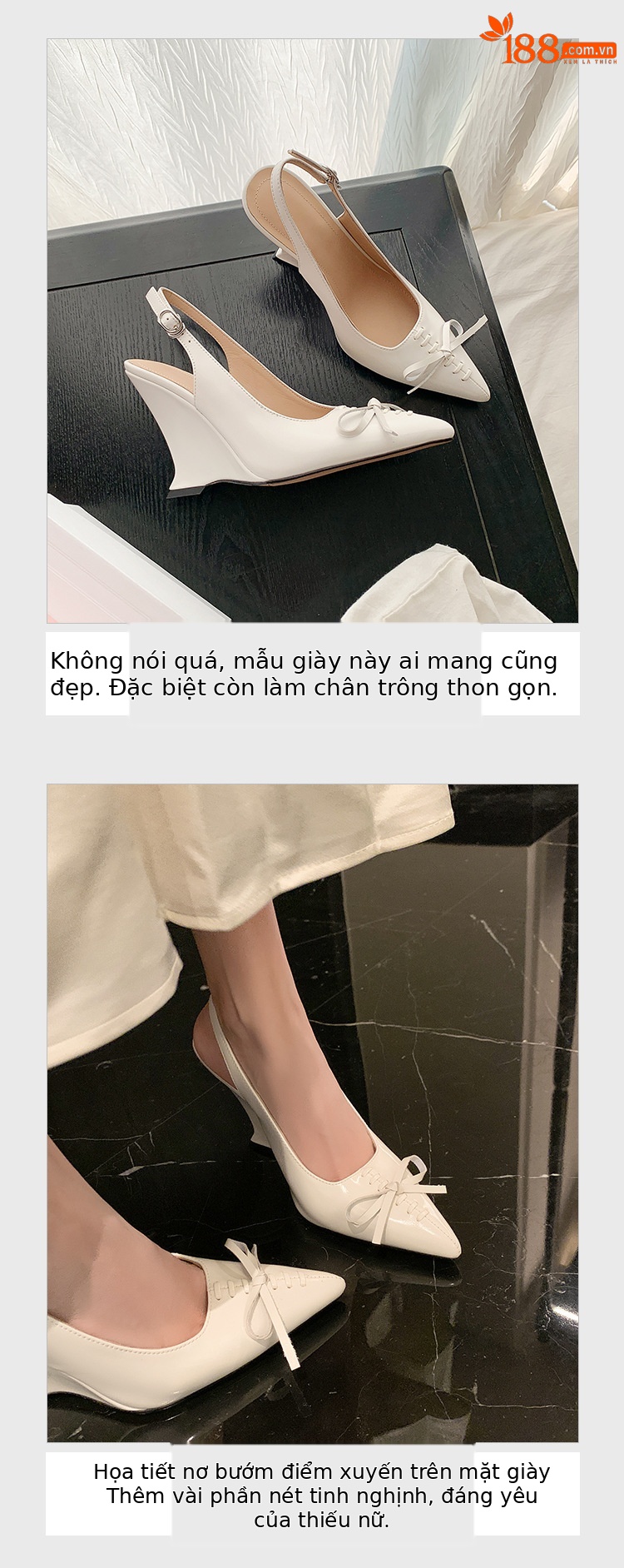 Sandal cao gót nữ mũi nhọn hở gót, gót xuồng 9 cm, nơ bướm — màu đen, màu trắng ngà chi tiết 7