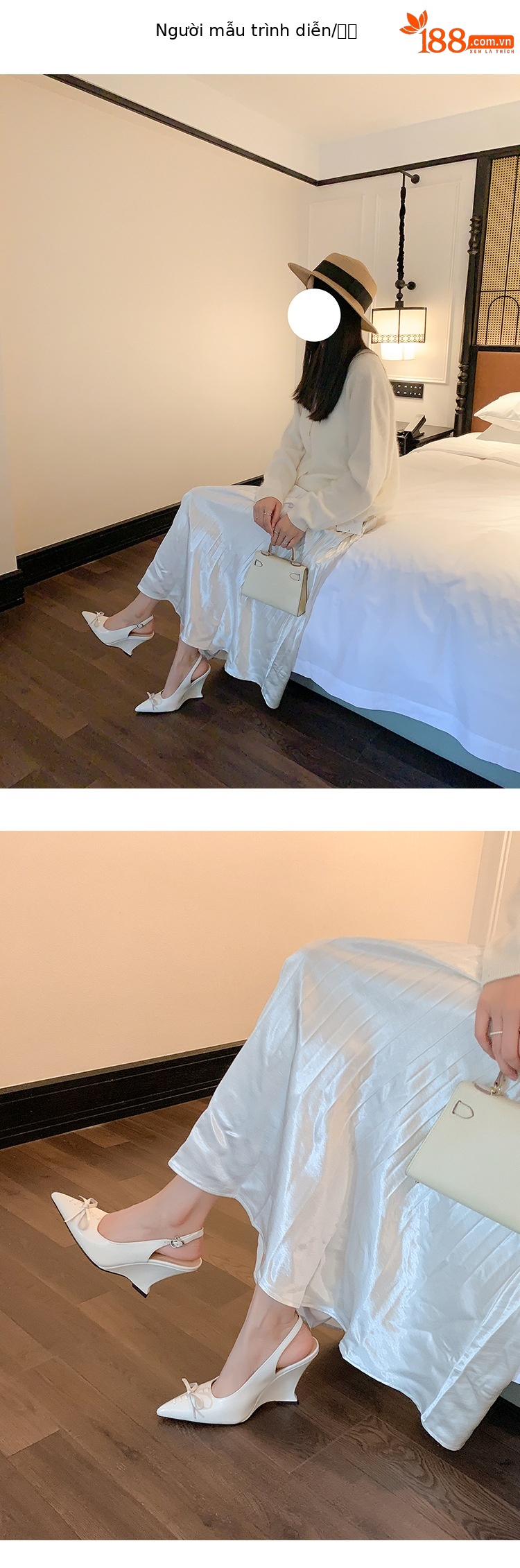 Sandal cao gót nữ mũi nhọn hở gót, gót xuồng 9 cm, nơ bướm — màu đen, màu trắng ngà chi tiết 9