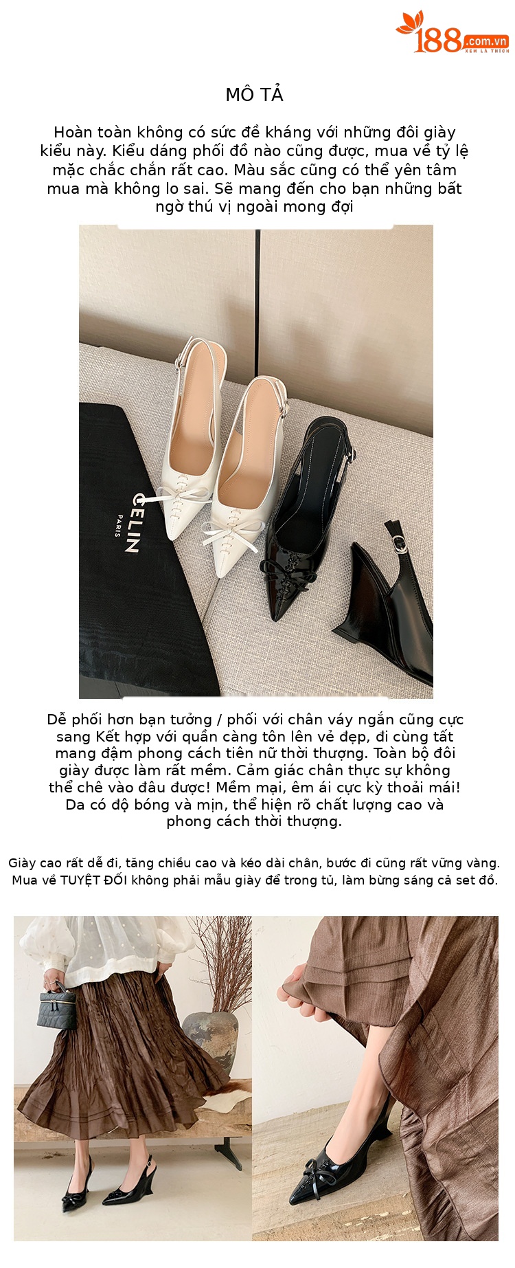 Sandal cao gót nữ mũi nhọn hở gót, gót xuồng 9 cm, nơ bướm — màu đen, màu trắng ngà chi tiết 3