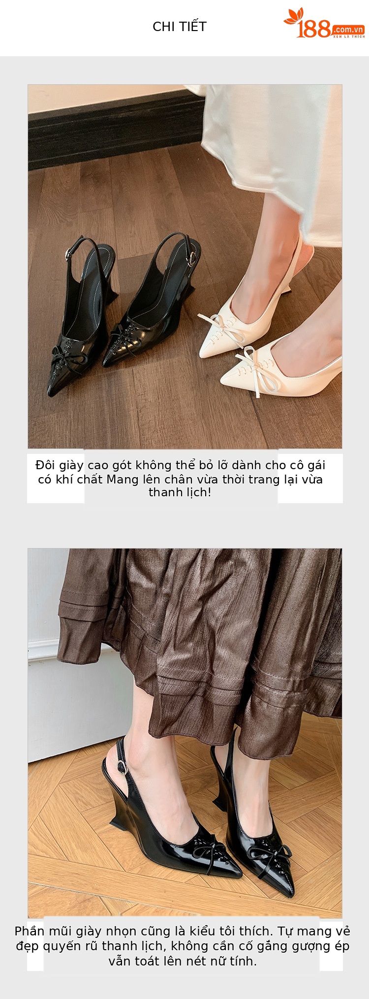 Sandal cao gót nữ mũi nhọn hở gót, gót xuồng 9 cm, nơ bướm — màu đen, màu trắng ngà chi tiết 6