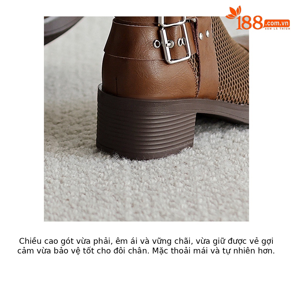 Boot nữ cổ cao lưới hở mũi gót vuông da thật khóa dây — màu nâu, màu đen, màu trắng ngà chi tiết 24