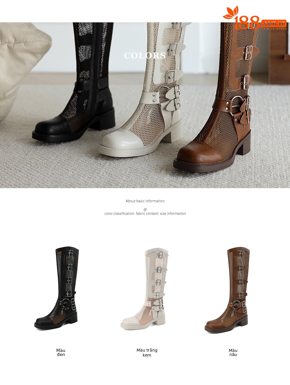 Boot nữ cổ cao lưới hở mũi gót vuông da thật khóa dây — màu nâu, màu đen, màu trắng ngà chi tiết 5