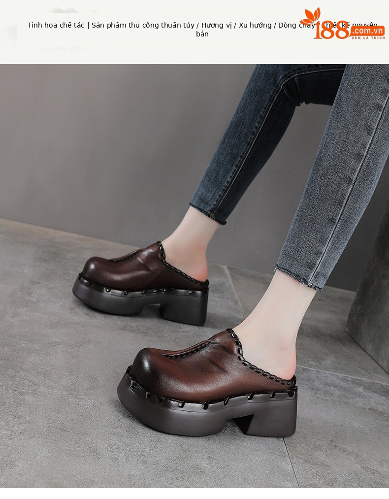 Giày mule nữ da bò thật đế dày mũi kín phong cách mới mùa xuân hè — màu đen chi tiết 1