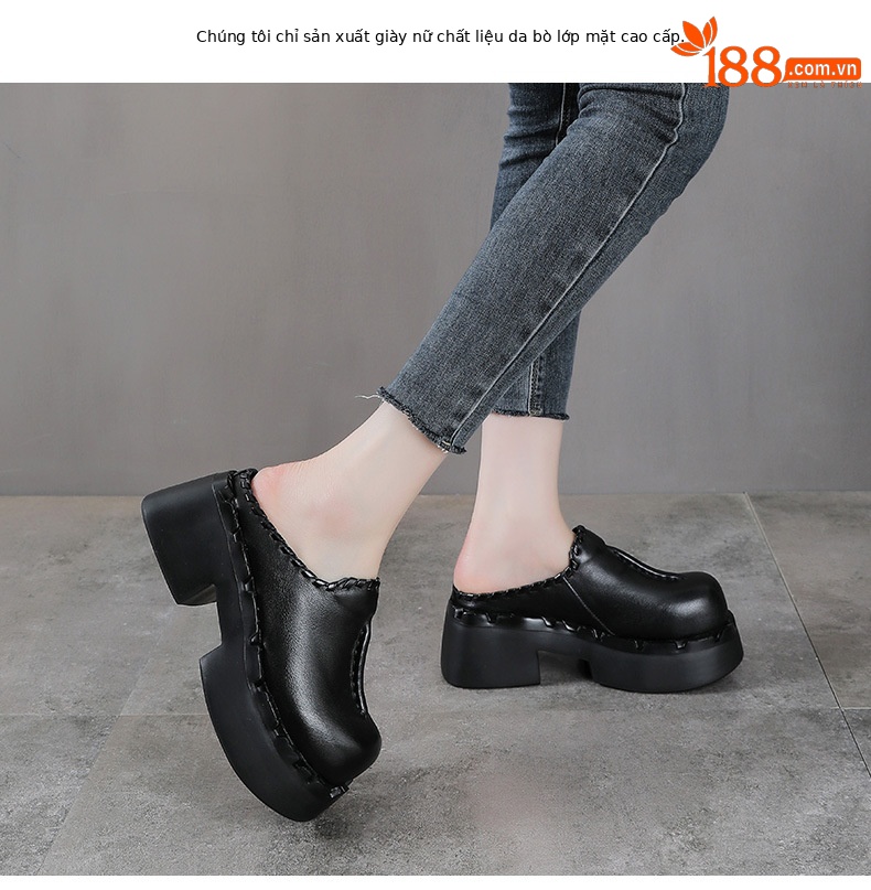 Giày mule nữ da bò thật đế dày mũi kín phong cách mới mùa xuân hè — màu đen chi tiết 2