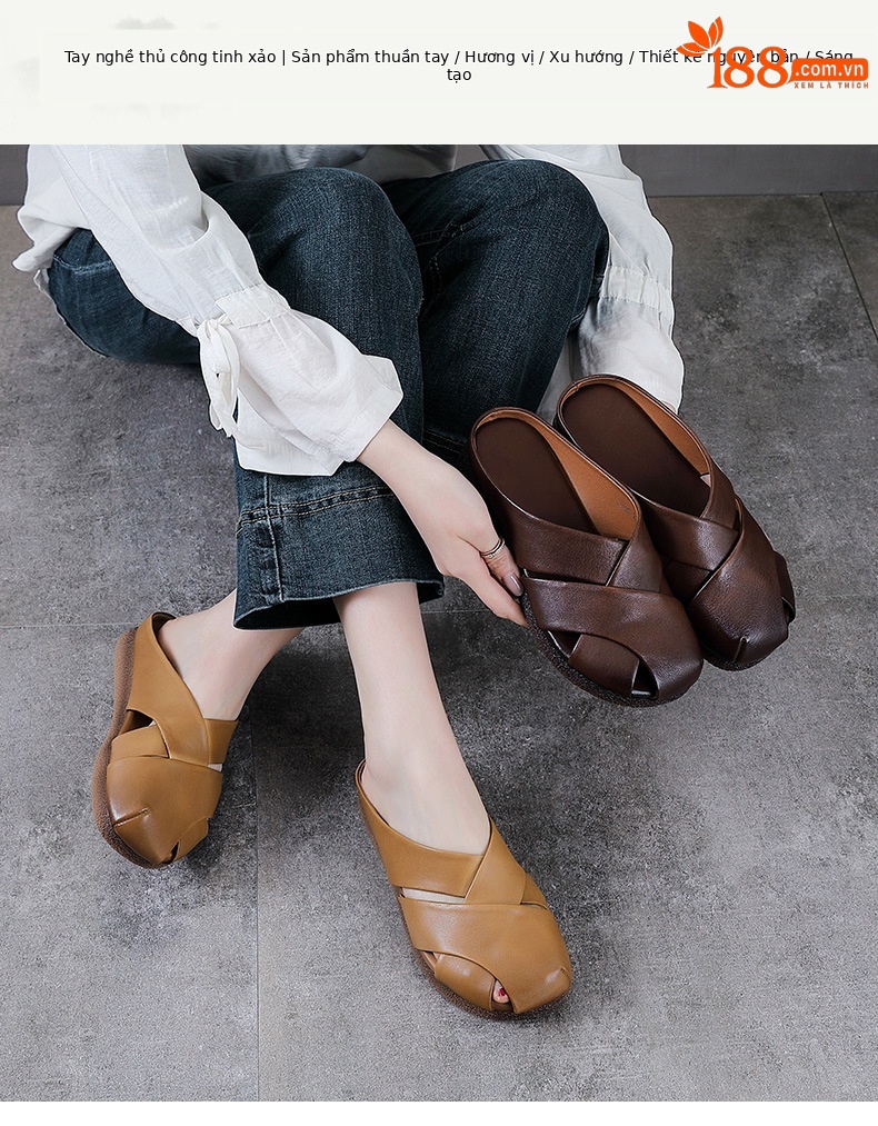 Dép sandal nữ bít mũi da bò thật đế bệt kiểu dáng điệu bộ — màu mơ chi tiết 1