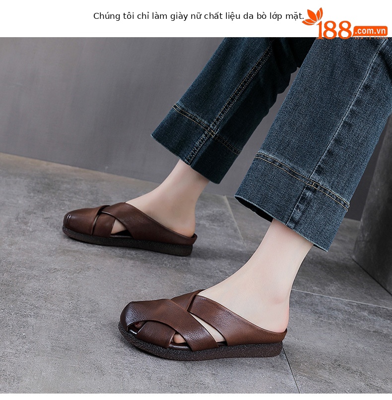 Dép sandal nữ bít mũi da bò thật đế bệt kiểu dáng điệu bộ — màu mơ chi tiết 2